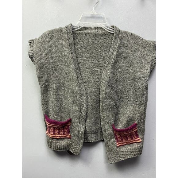 Sweater Vest Womens Medium Wool Ruffle Open front cardigan gray pockets - Picture 1 of 6